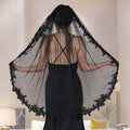 Exquisite lace black veil with delicate floral embroidery and black veil pearl beaded detailing along the edges