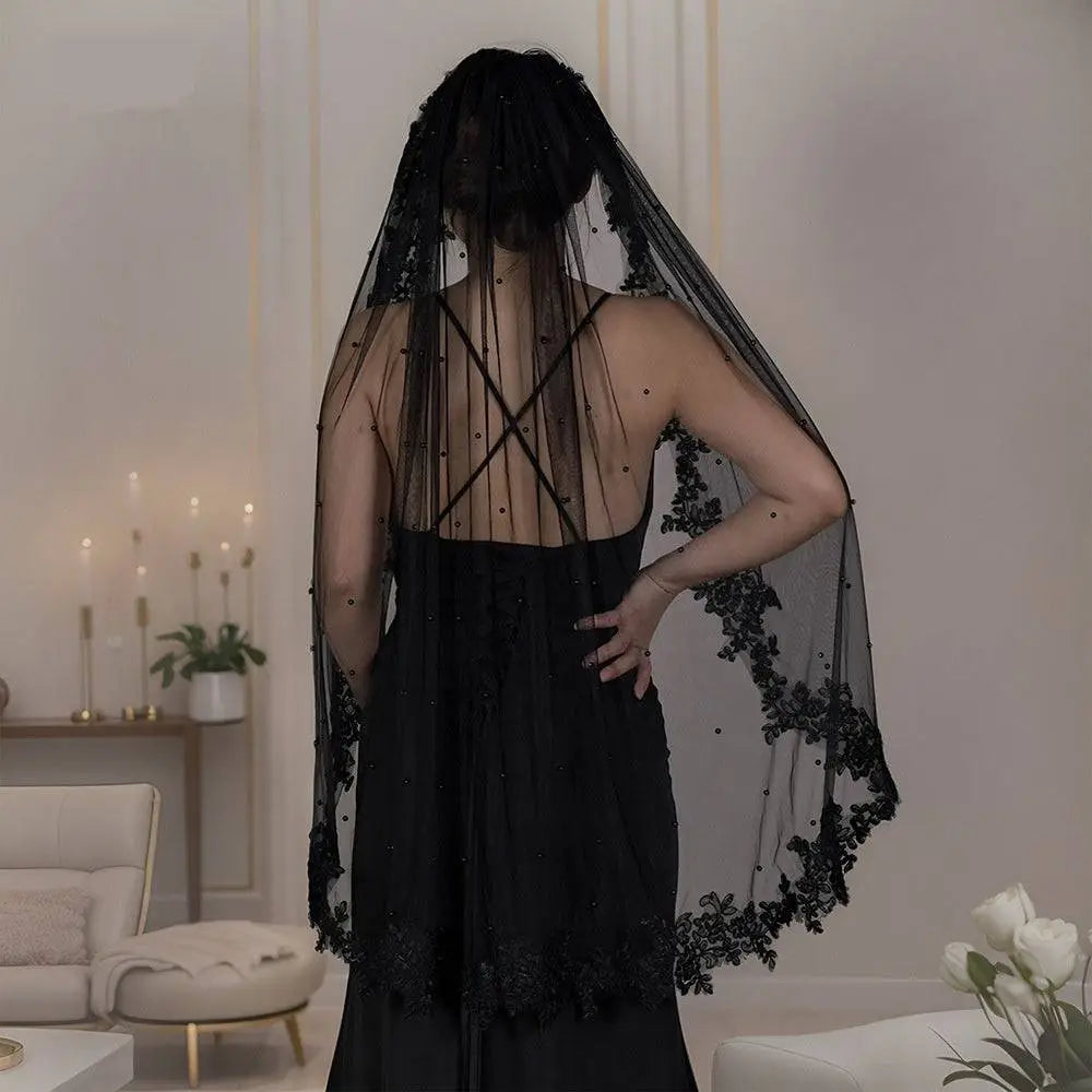 Exquisite lace black veil with pearls featuring floral embroidery and sheer mesh overlay for elegant wear