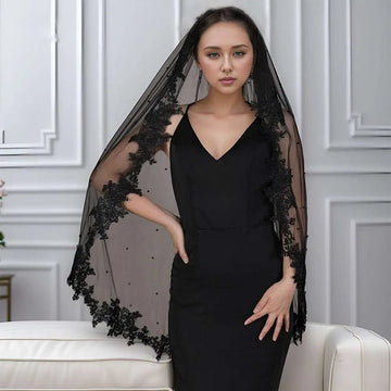 Exquisite lace black veil with pearls featuring floral embroidery and sheer mesh overlay for elegant wear