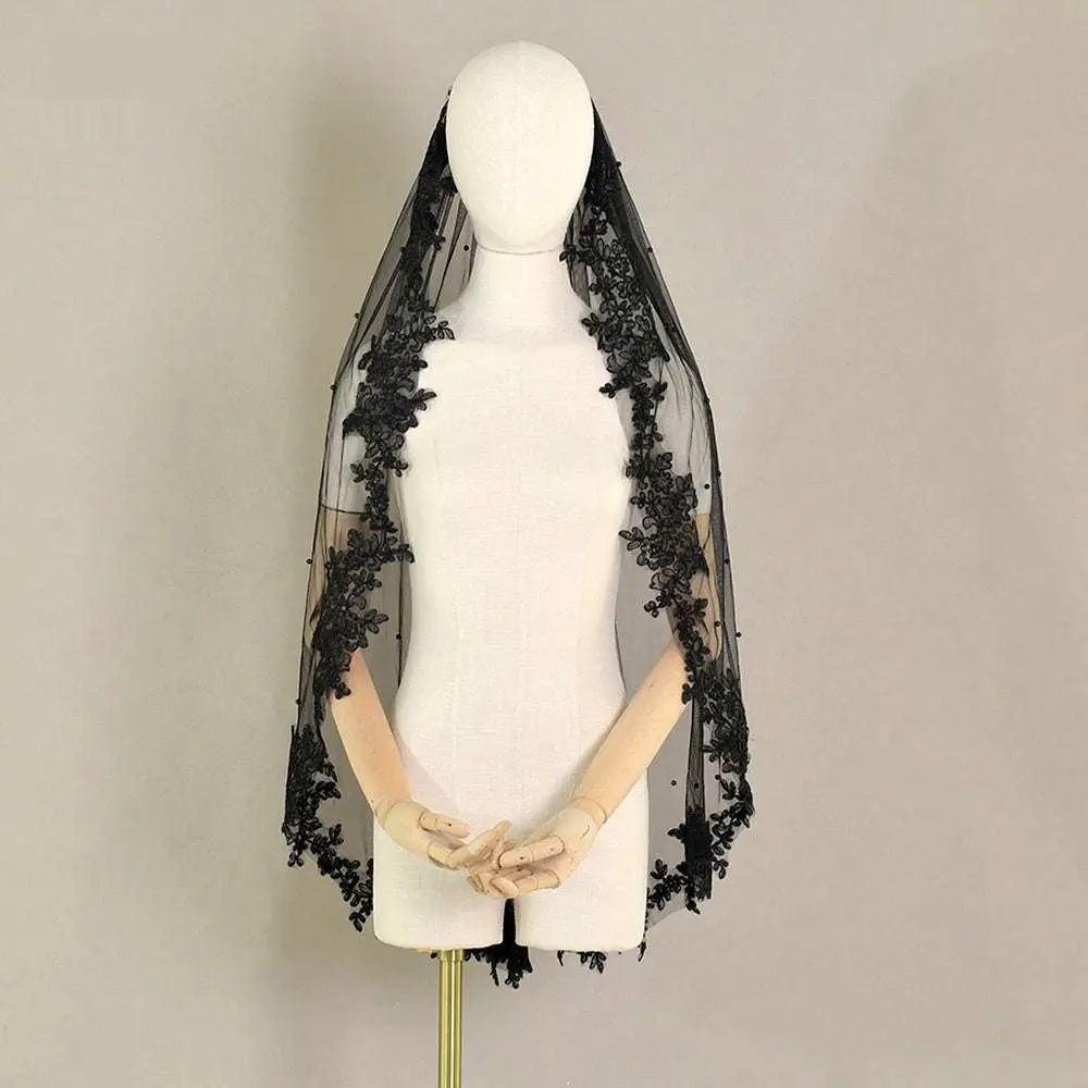 Exquisite lace black veil with pearls featuring delicate floral embroidery on sheer mesh fabric for elegant wear