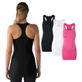 Black extra long racerback tank top for women with sleek form-fitting design and smooth fabric