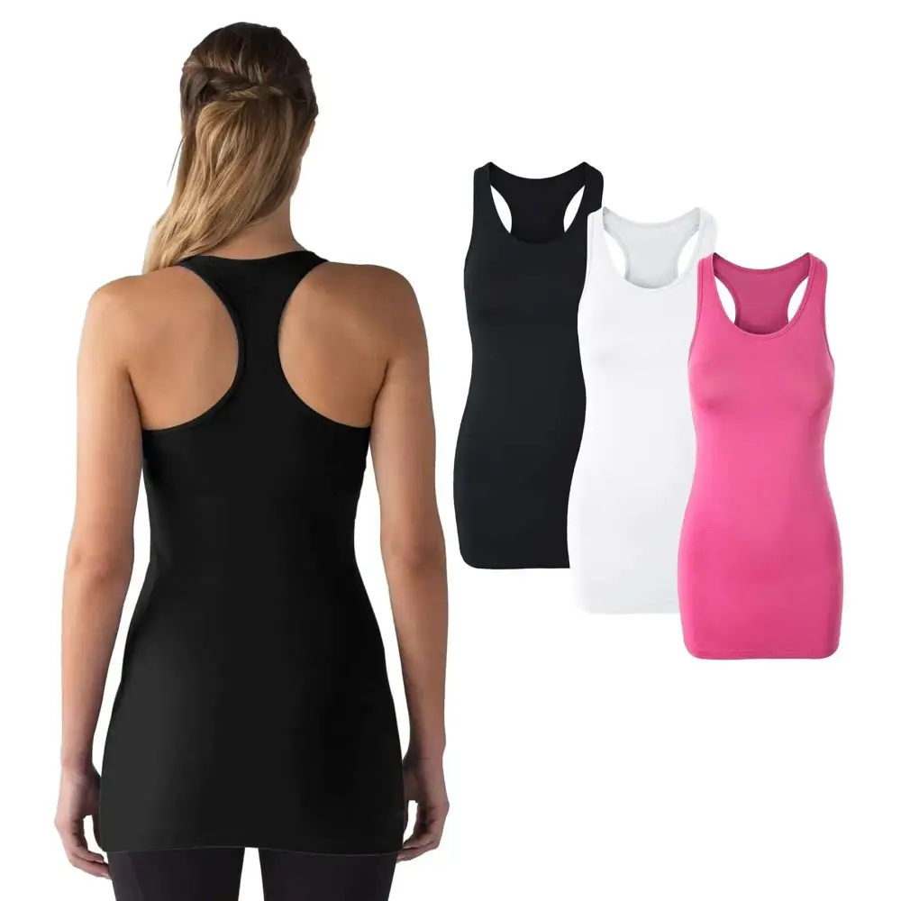 Black extra long racerback tank top for women with sleek form-fitting design and smooth fabric