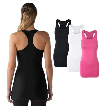 Black extra long racerback tank top for women with sleek form-fitting design and smooth fabric