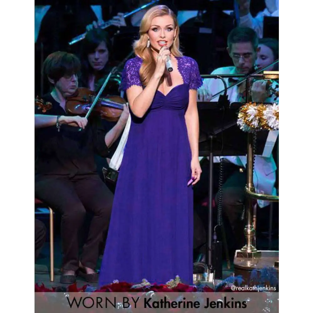 Katherine Jenkins wears a deep purple wedding gown with eyelashes lace stitching and lace cap sleeves in Japanese cotton