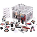 Clear acrylic makeup case with silver handle and clasp featuring organized compartments for eyeshadow palette lipsticks and false eyelashes