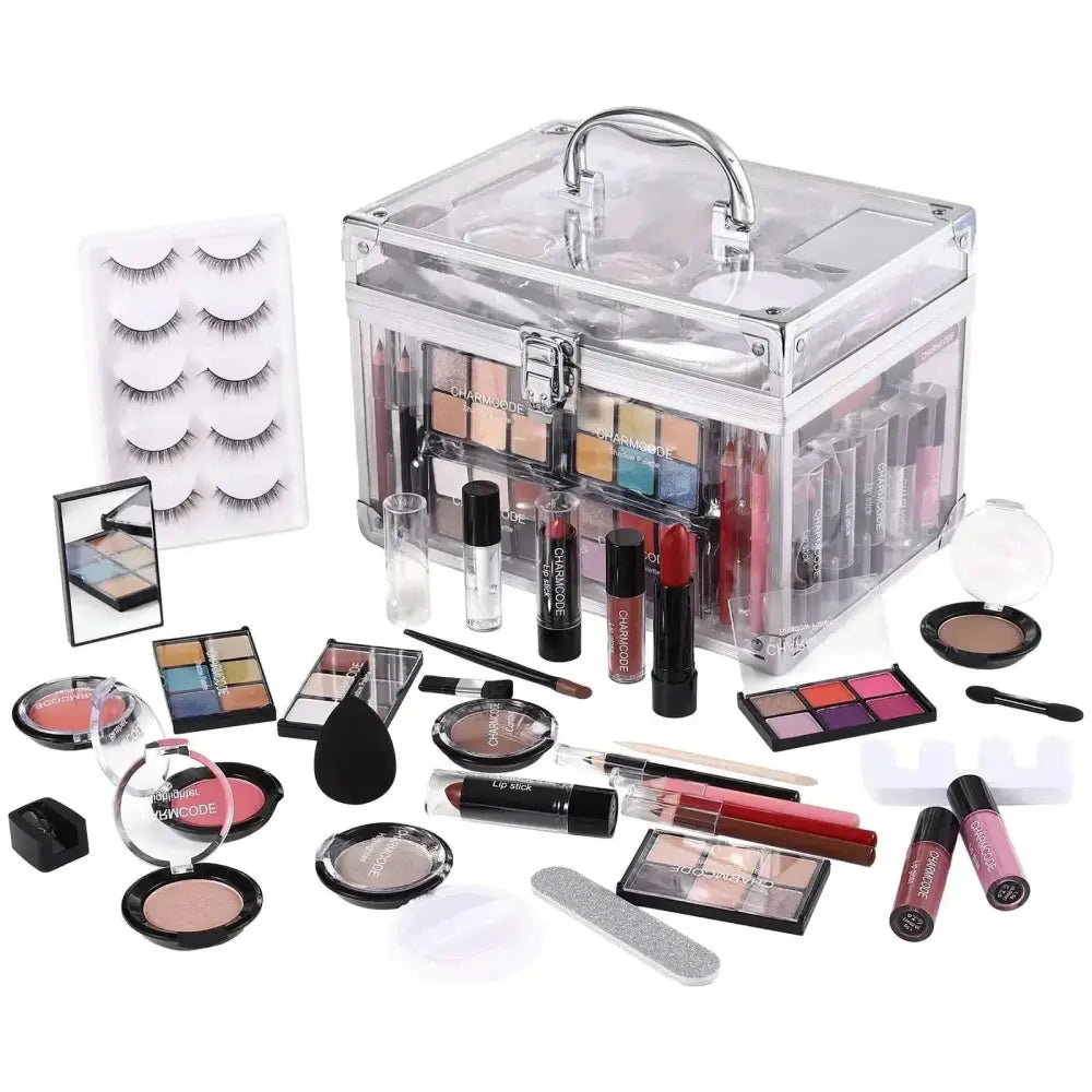 Clear acrylic makeup case with silver handle and clasp featuring organized compartments for eyeshadow palette lipsticks and false eyelashes