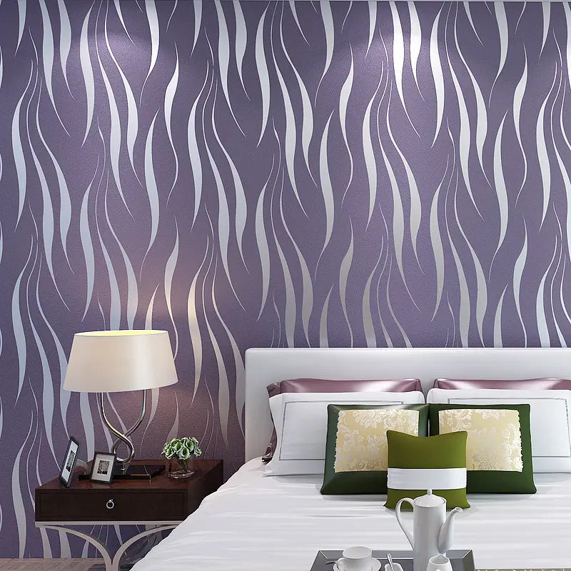 purple and white zebra-striped water ripple non woven wallpaper with a subtle metallic sheen designed for luxury women’s fashion interiors