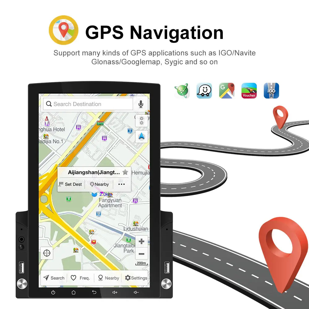 Black-framed large screen vehicle video player navigator with a touchscreen displaying a map interface and multiple app icons.