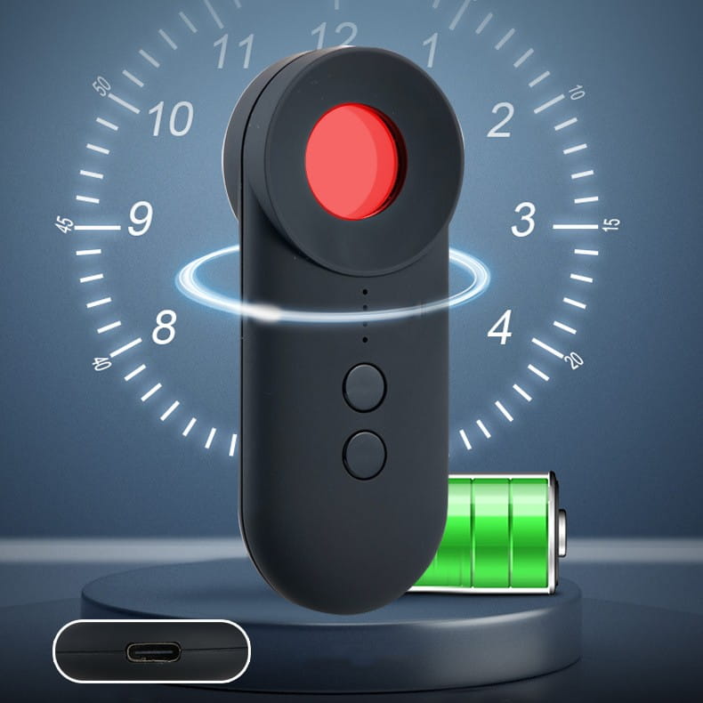 black handheld positioning gps detector with a red circular lens and two front buttons featuring a sleek matte finish designed for signal detection and gps detector wifi functionality