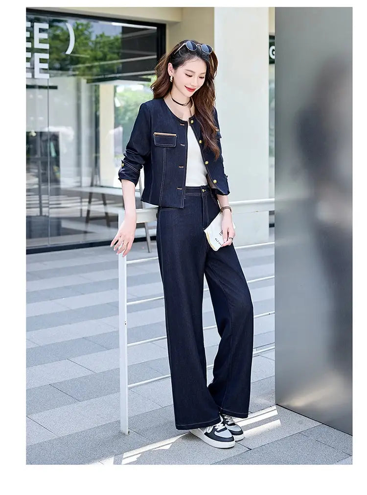 Navy blue denim jacket with gold-tone buttons and flap pockets paired with matching wide-leg trousers from the elegance retro casual denim set perfect for stylish casual wear.