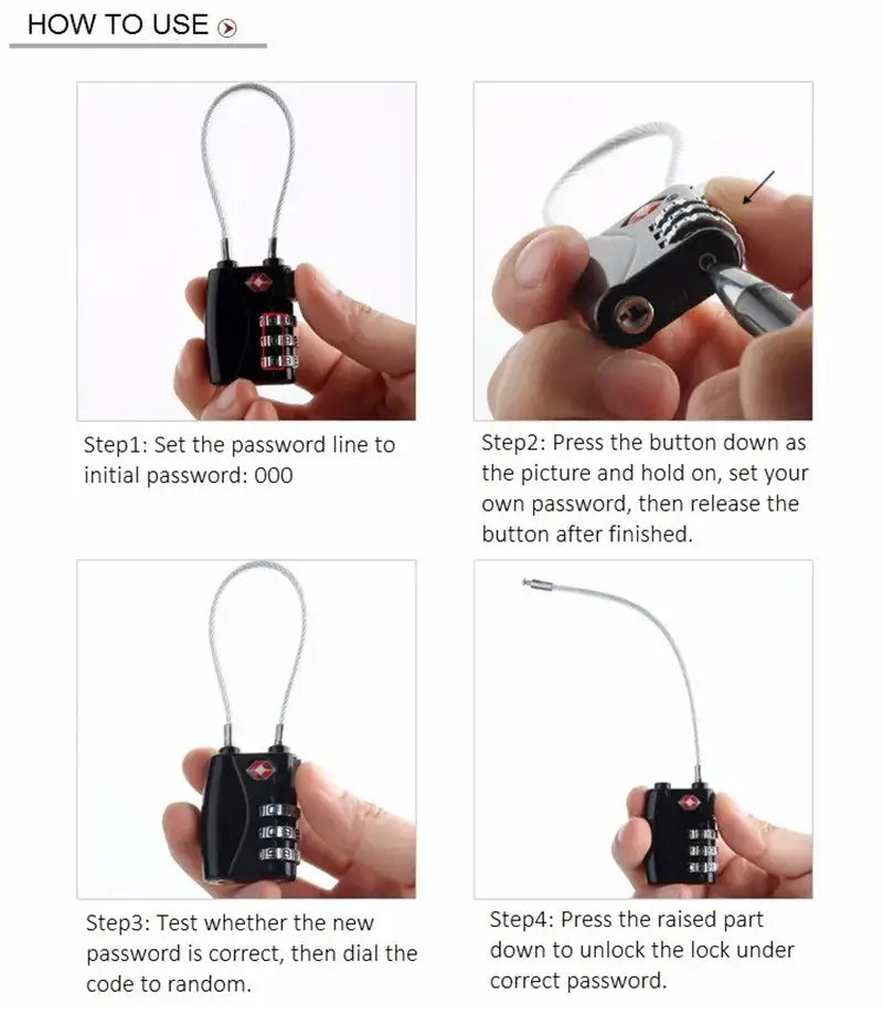 Black combination travel cable lock with silver cable and red diamond logo designed for suitcase travel security.