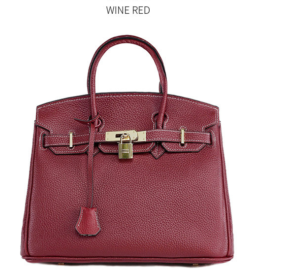 Platinum cowhide carryall handbag with lychee grain leather – Wine Red (20cm)