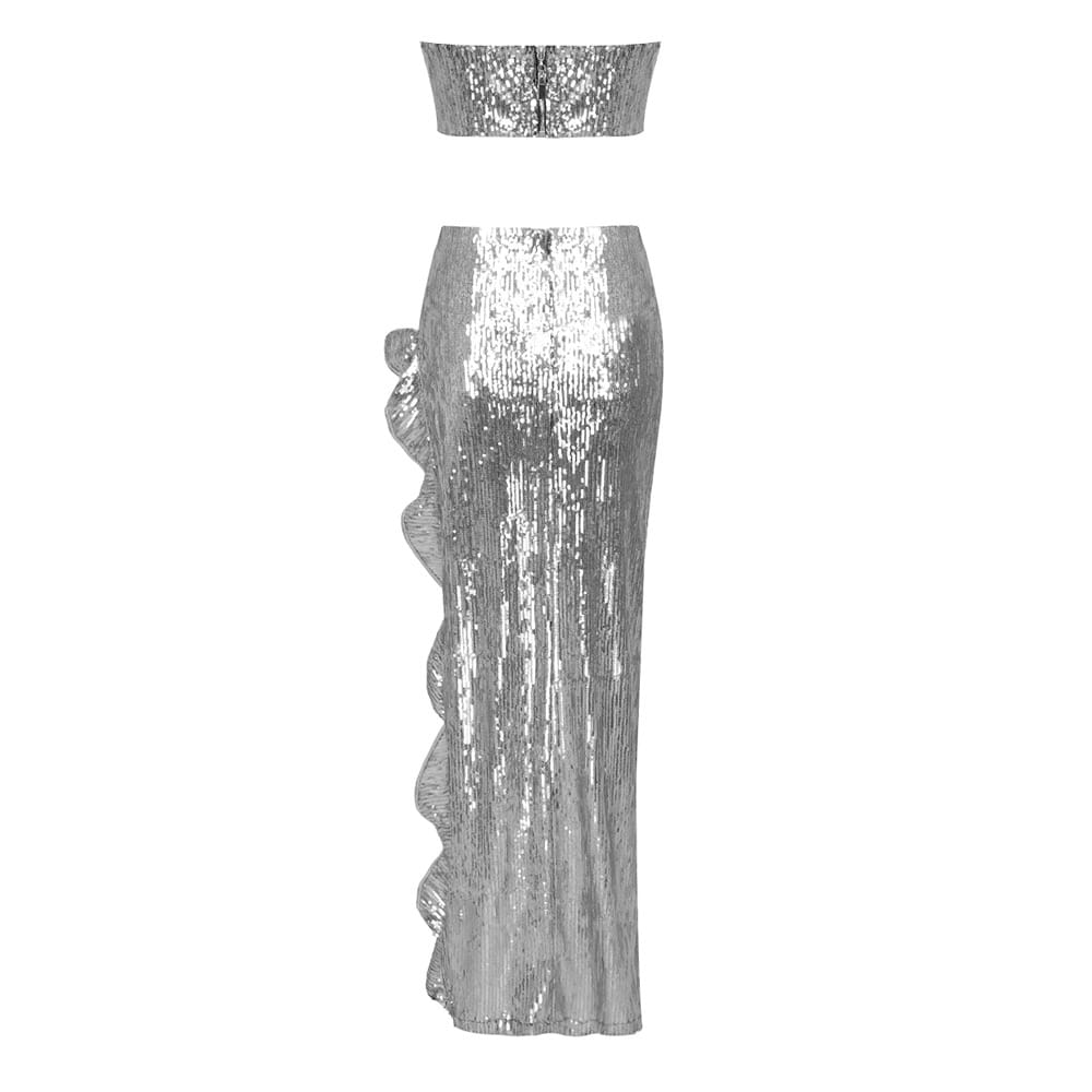 Silver strapless sequin skirt set featuring a shiny two-piece design with a strapless top and high-waisted sequin skirt with ruffled side detailing.