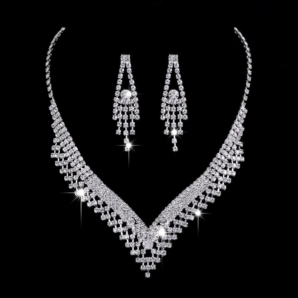 sparkling silver rhinestone zircon water drop necklace and earrings set featuring intricate layered designs and dazzling crystals