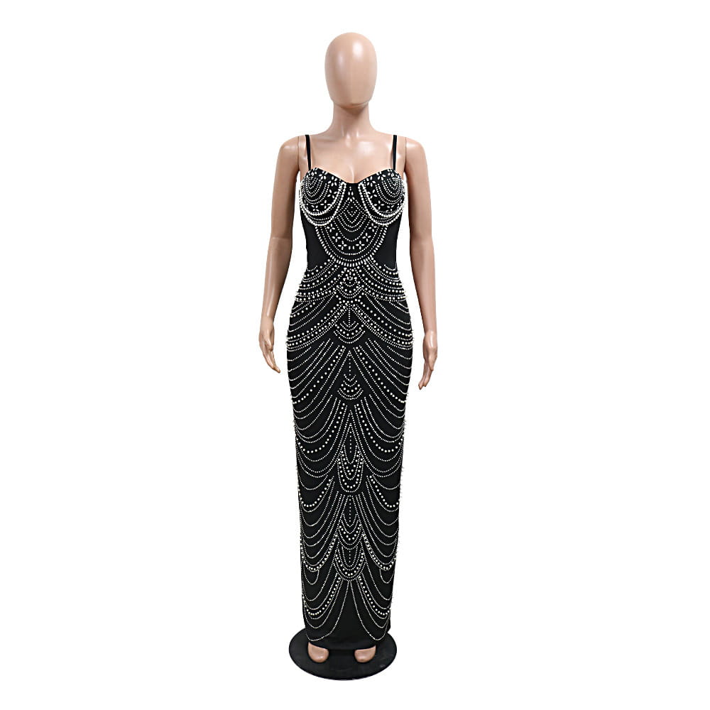 Black beaded evening gown with intricate white rhinestone hot drilling patterns and thin spaghetti straps, designed as a sling hot drilling geometric beaded evening dress.