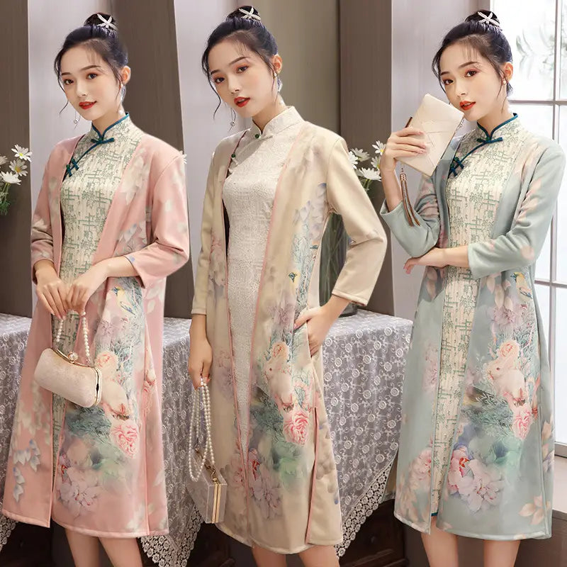 Medium length cheongsam floral dresses with traditional chinese collar and long sleeves in pastel pink beige and light green hues displayed with matching jackets.