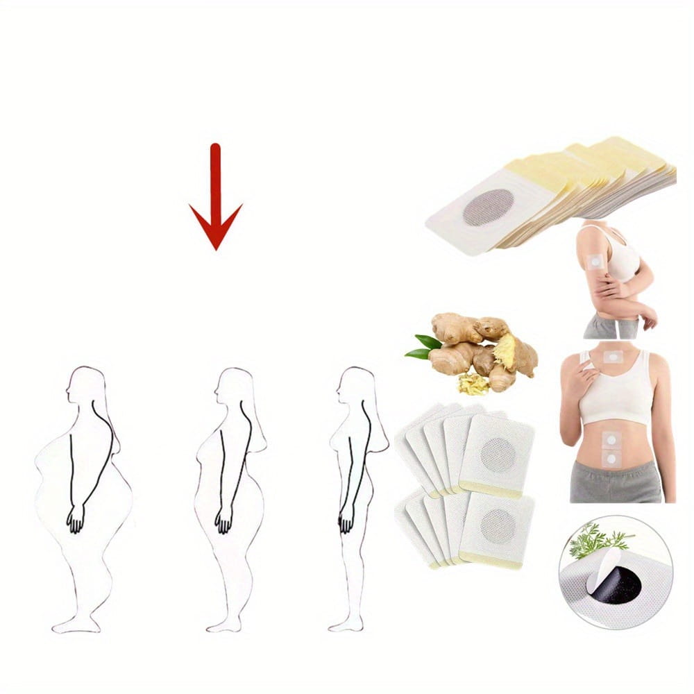 magnetic slimming navel belly button patch with white and yellow ginger adhesive backing applied to the abdomen for button patch slimming and weight loss support