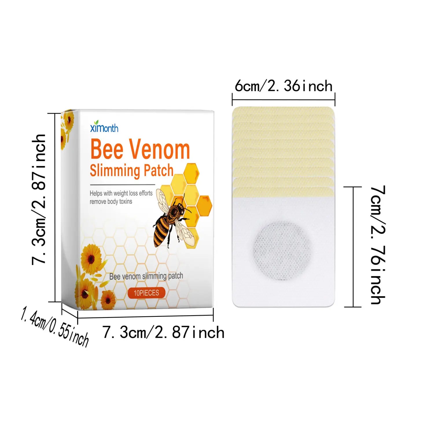 Bee venom lymphatic slimming patch with white and pale yellow colors and a circular textured center on a white adhesive base designed for body tightening.