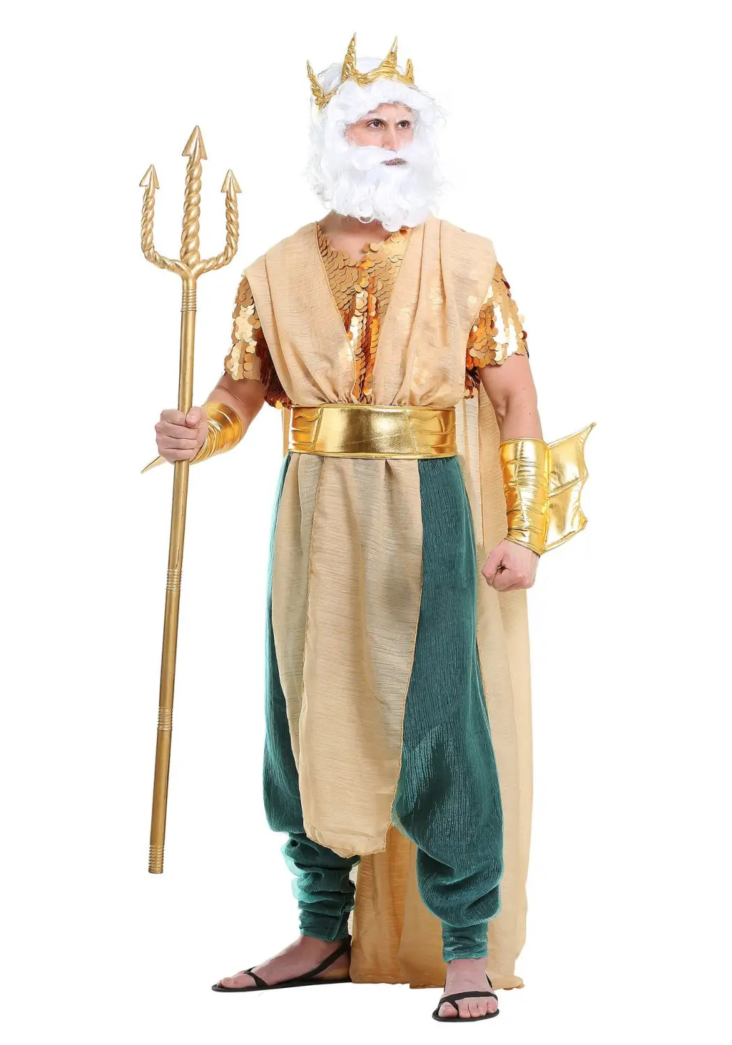 poseidon queen king god of war costume featuring a gold-trimmed two-toned beige and teal robe with matching gold crown, white beard, and trident prop.