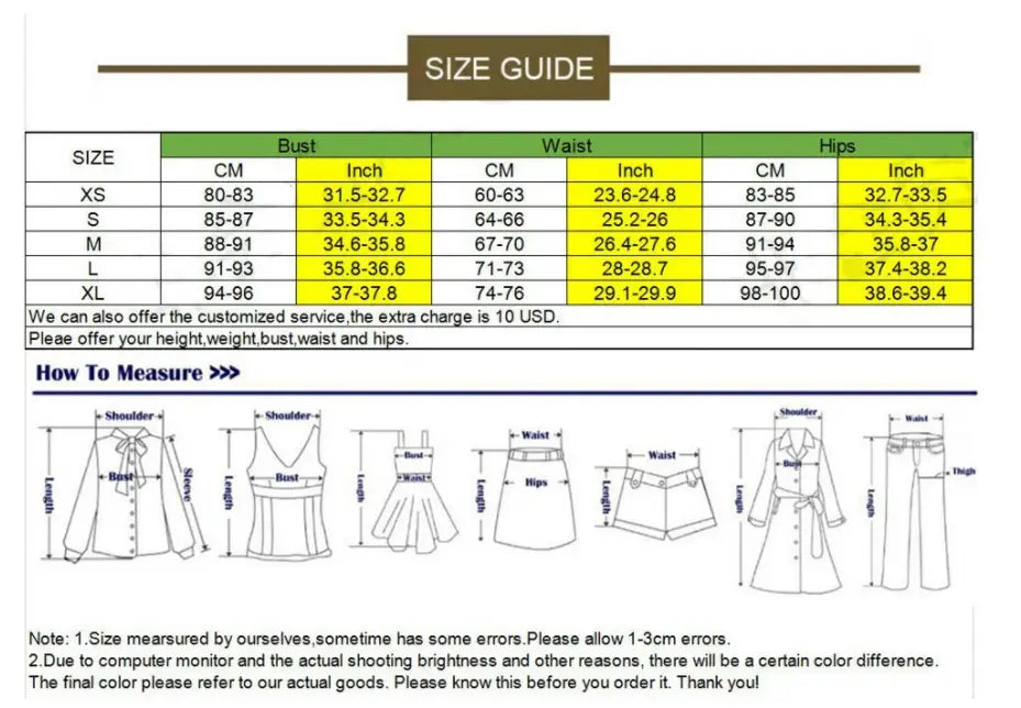 size guide chart for a luxury shiny rhinestone dress in gold displaying bust waist and hip measurements in centimeters and inches for sizes xs to xl.