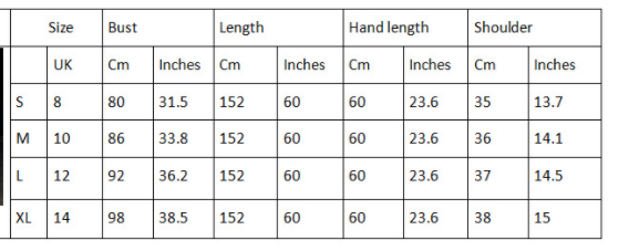 Size chart for silver feathered rhinestone mesh stretch slim dress displaying uk sizes with bust length hand length and shoulder measurements in centimeters and inches for mesh stretch european and american slim dress fitting.