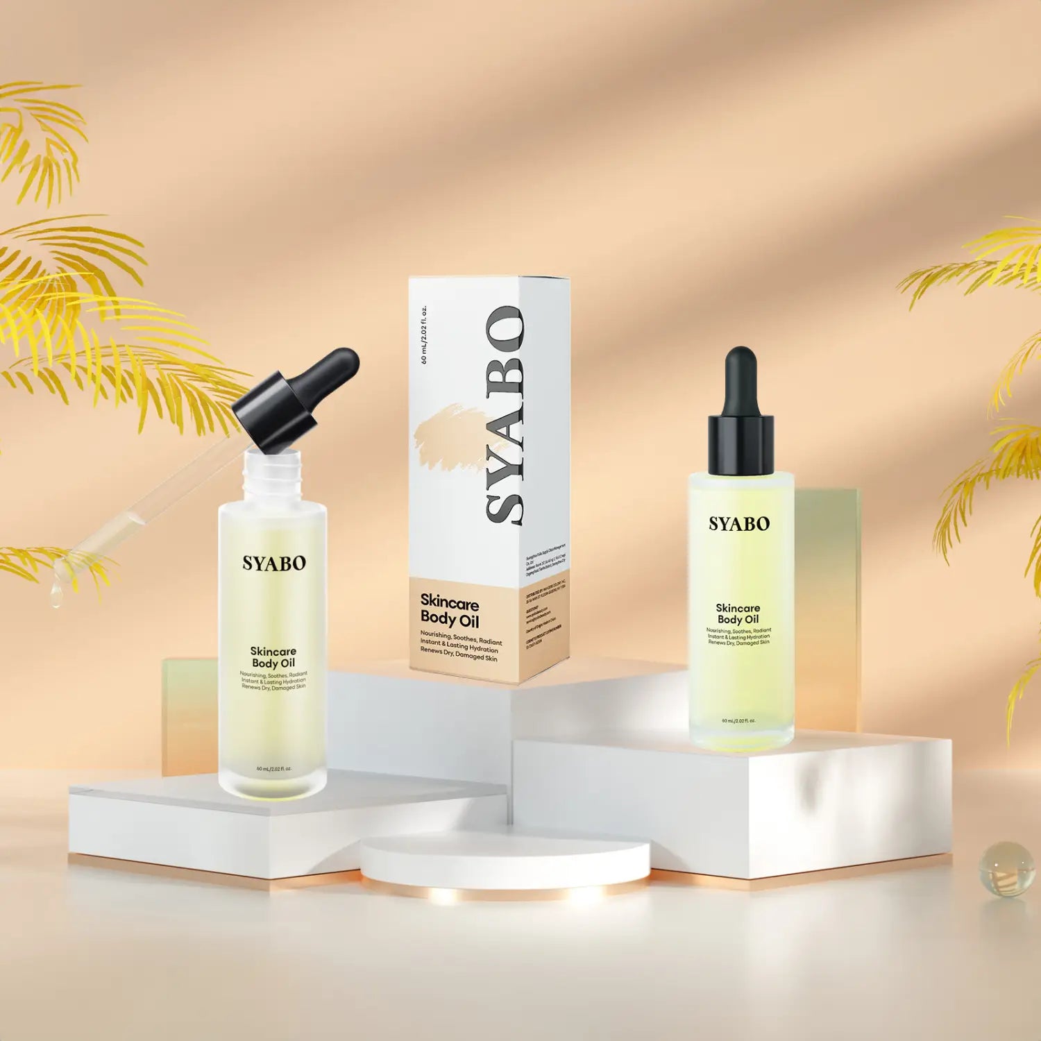 transparent glass bottle of syabo body care essential oils with black dropper cap and pale yellow liquid for body care