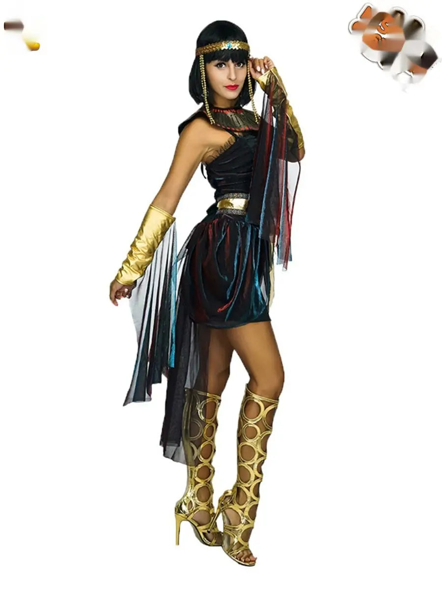 A halloween women’s cleopatra role-playing costume featuring a black velvet dress with gold trim, matching golden arm guards, and high-heeled boots adorned with circular patterns designed as party clothes.