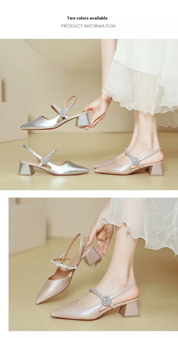 silver satin strap sandals with rhinestone embellishment and chunky heel complement rose gold satin pointed toe high heels with chunky heel collection.