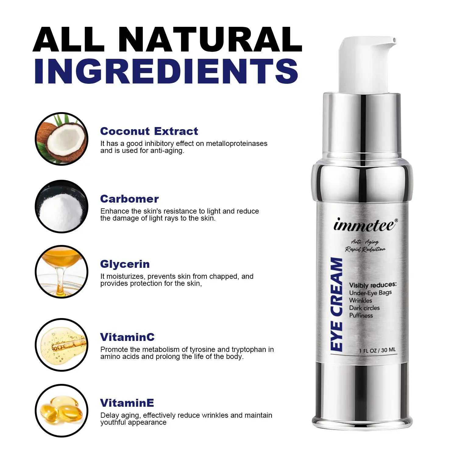 Silver pump bottle of Immetee anti-aging eye cream to lighten eye bags and reduce eye bags.