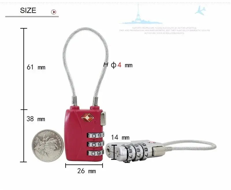 Red plastic tsa approved suitcase travel cable lock with silver cable and three numbered dials for secure suitcase travel.