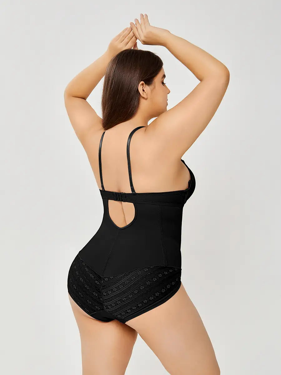 black plus size bodycon firm control body shaper swimsuit with ultra firm control features lace detailing at the hips and a back cutout.