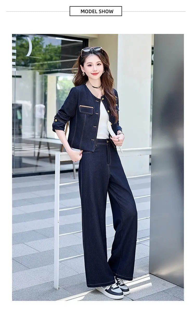 Dark navy casual denim jacket with button closures and a front pocket worn over a white top from the elegance retro casual denim jacket and pants set.