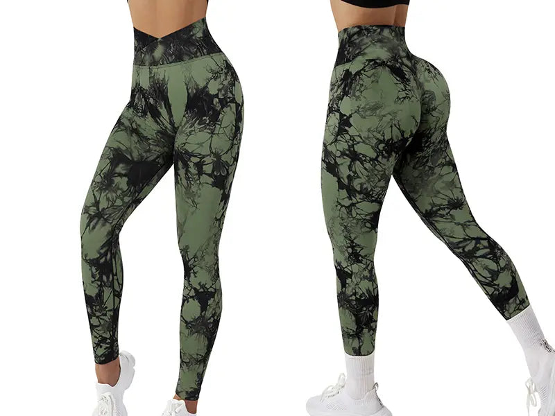 olive green and black seamless tie dye high waisted leggings with a snug form fitting design ideal for yoga and activewear dye leggings women.