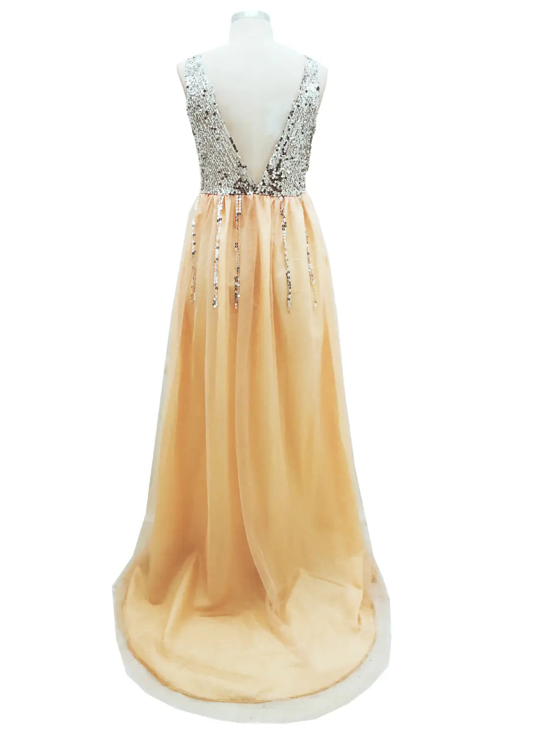 A hot sale v-neck sequined floor-length dovetail dress in shimmering peach color features a sequined bodice and delicate beaded detailing cascading down the front.