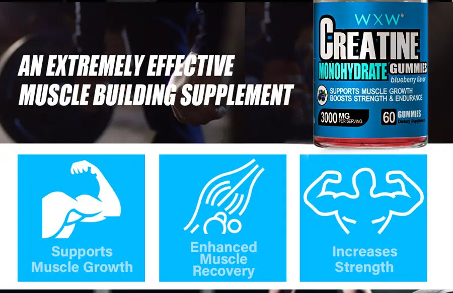 blue and red cylindrical container of wxx creatine monohydrate gummies in blueberry flavor, highlighting premium creatine gummies suitable for active lifestyles.