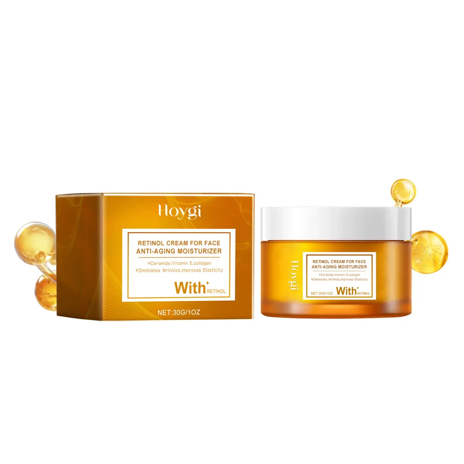 Golden-hued retinol anti-aging moisturizer hydrates and lightens lines in a sleek amber jar with white lid packaged in a matching gold box.