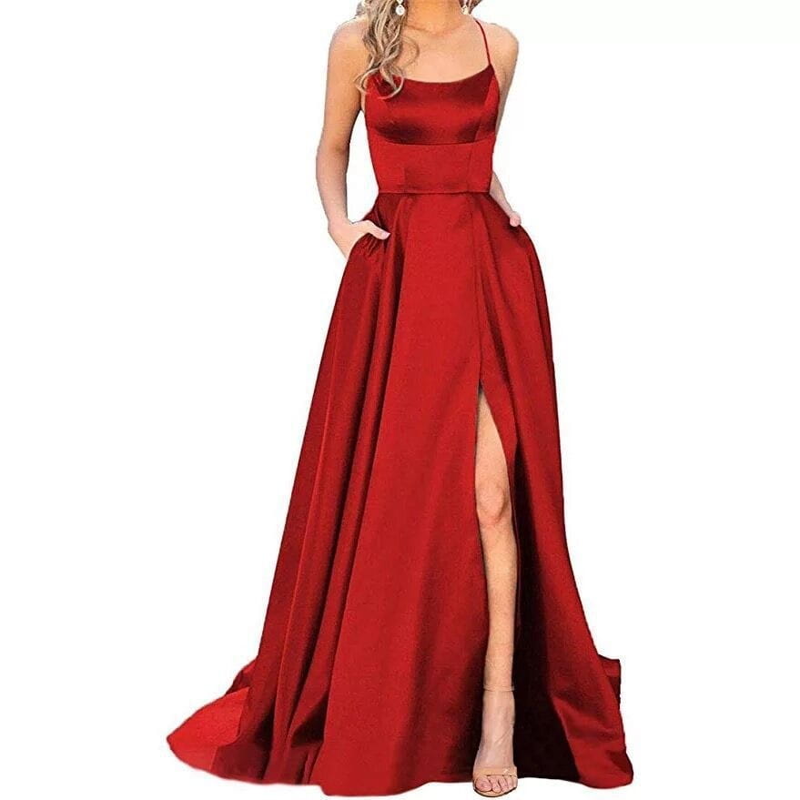 a solid color long slimming satin evening gown in deep red featuring a square neckline and thin spaghetti straps suitable for shoulder hollow girlfriends.