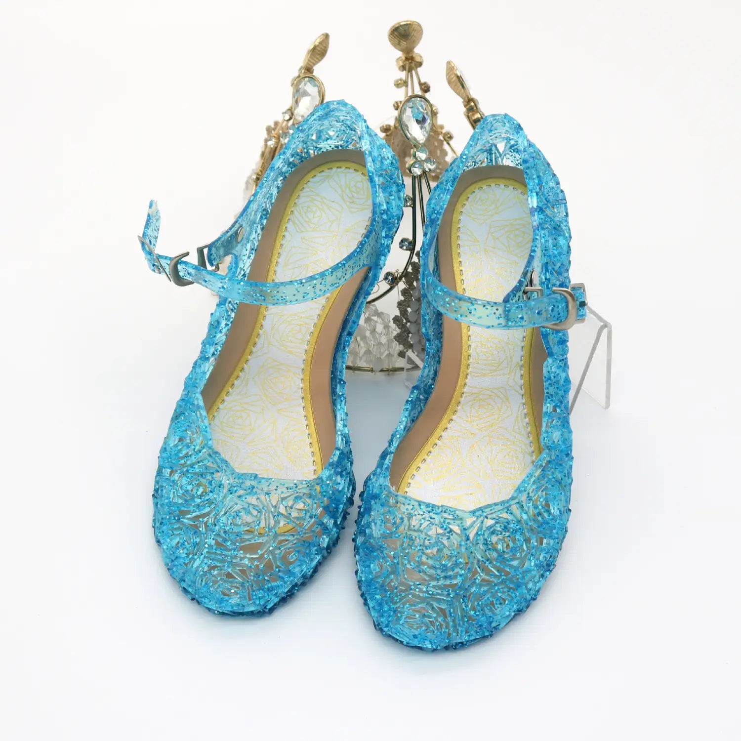 sparkling turquoise lace-up mary jane girls crystal shoes feature a delicate intricate floral pattern with transparent straps and high heel sandals design ideal for summer princess shoes.