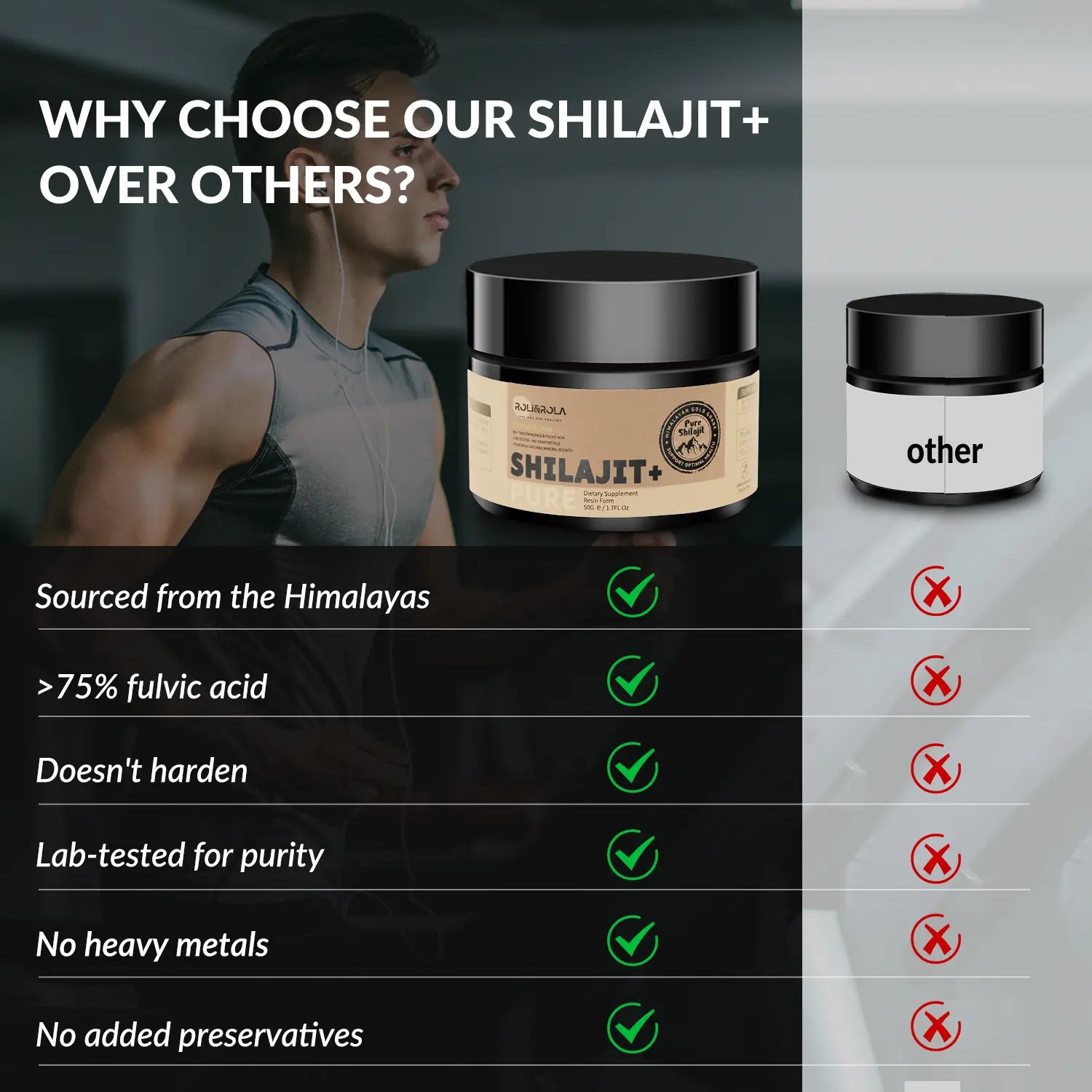 A sleek black-lidded jar of ajiboja shilajit resin 50g dietary supplement with a beige label and gold lettering.