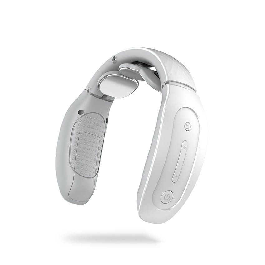 intelligent cervical massager white plastic with a sleek curved design, gold massage heads, and textured grip areas, ideal as a small cervical massager for neck relief