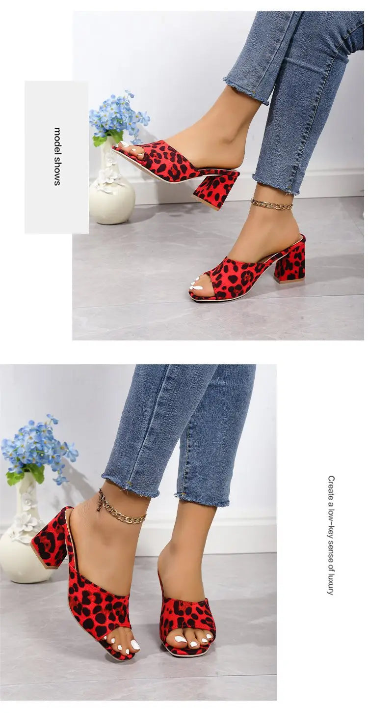red leopard square toe sandals featuring a block heel and open toe design suitable for summer wear