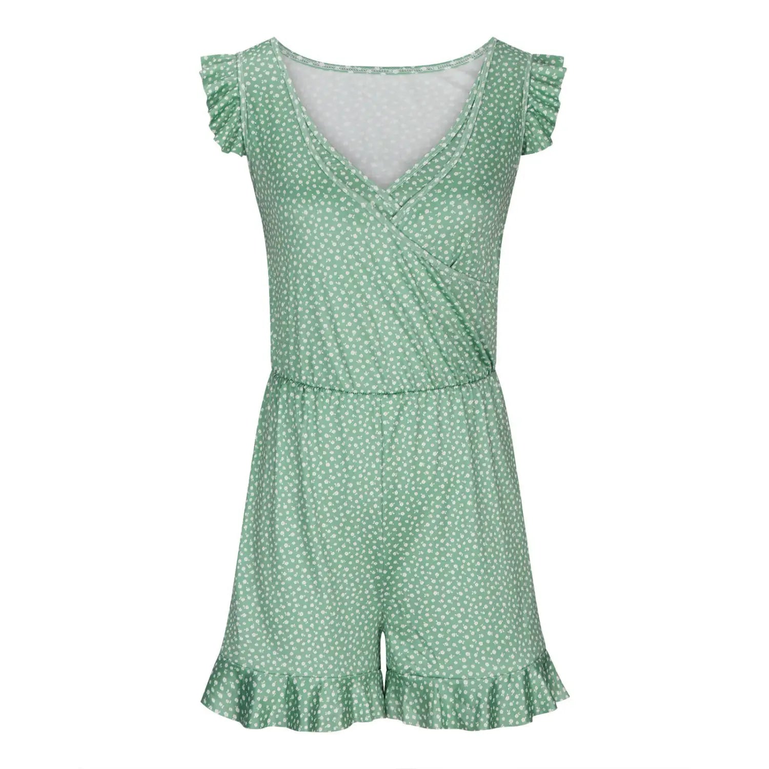 A mint green solid color printing bikini ruffled romper swimwear with white polka dots featuring ruffled sleeves and hem.