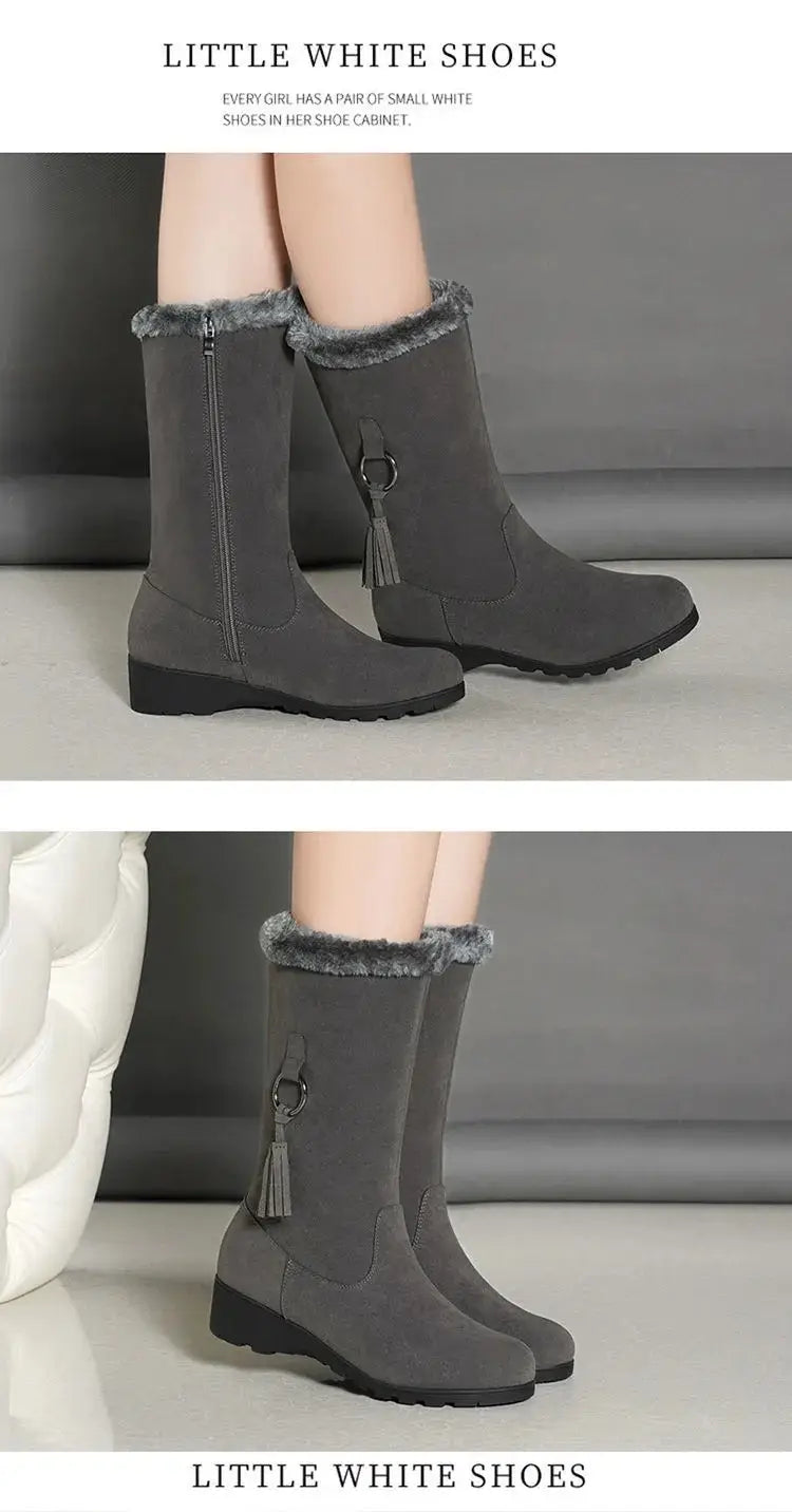 gray suede tassel martin boots autumn and winter featuring fuzzy gray long furry lining and side tassel detail