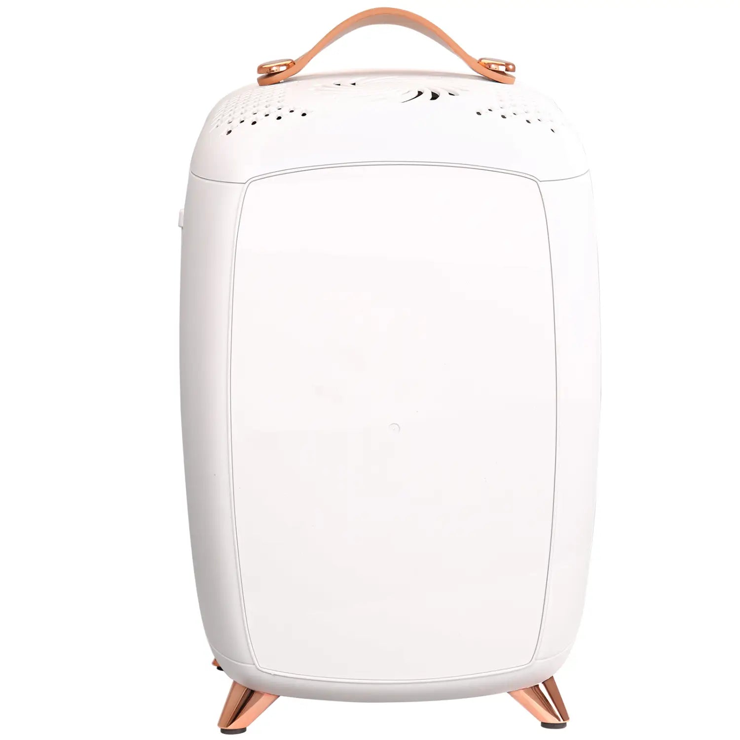 White air purifier with rose gold leather handle and matching legs featured alongside a luxury skin care 6L mini fridge with mirror designed for skin care fridges and vevor mini fridge use.