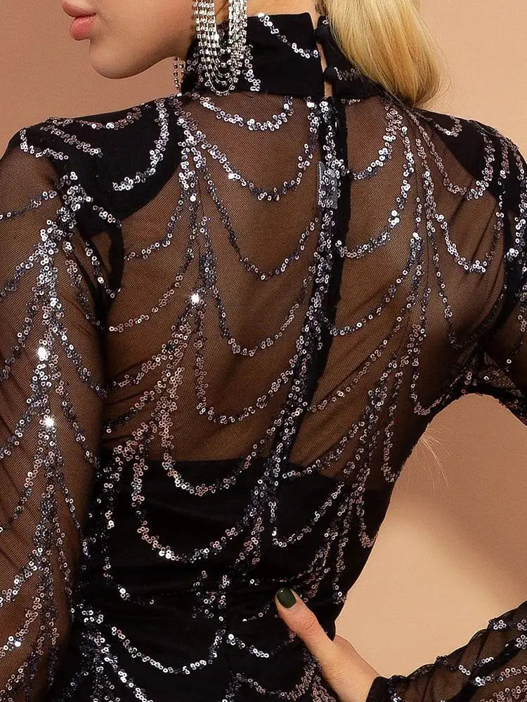 black sheer mermaid women maxi dress with long sleeves featuring intricate silver sequin chains cascading down the back for elegant women maxi dresses and maxi dresses long styles