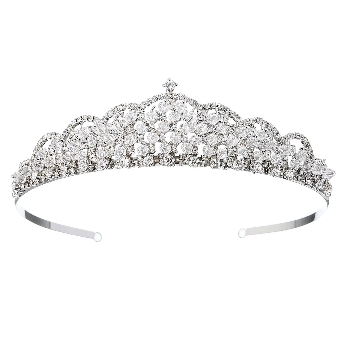 Silver tiara wedding jewelry set adorned with sparkling clear crystals and intricate floral designs for bridal wear.