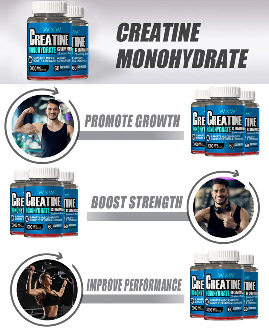 blue and white labeled bottles of blueberry creatine monohydrate gummies showcasing premium creatine gummies for enhanced fitness and wellness.