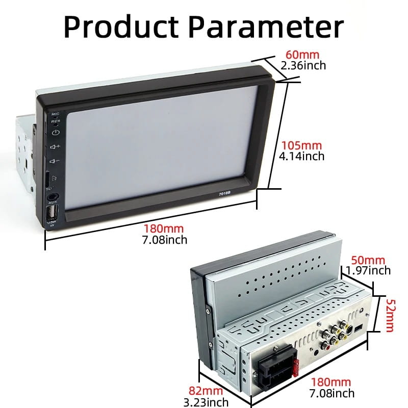 black 7 inch mp5 player mobile stereo with sleek rectangular screen and silver metallic back panel showing multiple audio input ports for mobile phone interconnection.