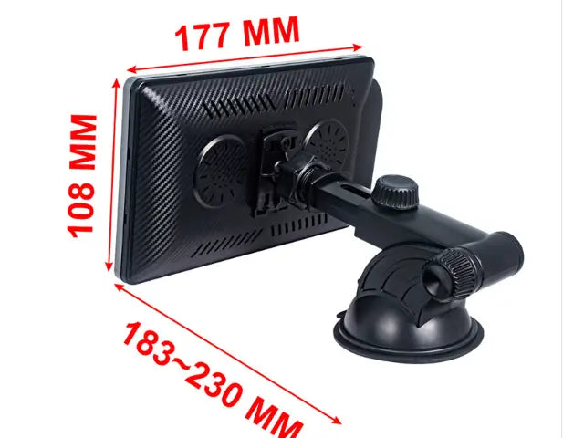 black 7 inch car wireless carplay display with a textured back panel and adjustable arm designed for use with a cigarette lighter mount