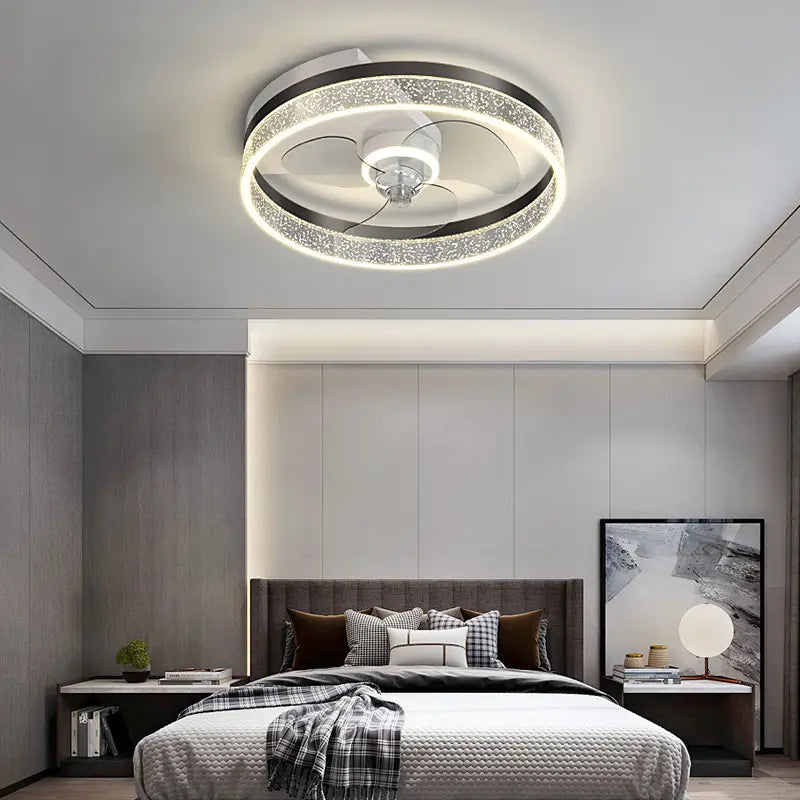 Quiet simple modern circular ceiling fan lamp with integrated led lighting, sleek chrome finish, and sparkling crystal accents designed as a simple modern nordic light.